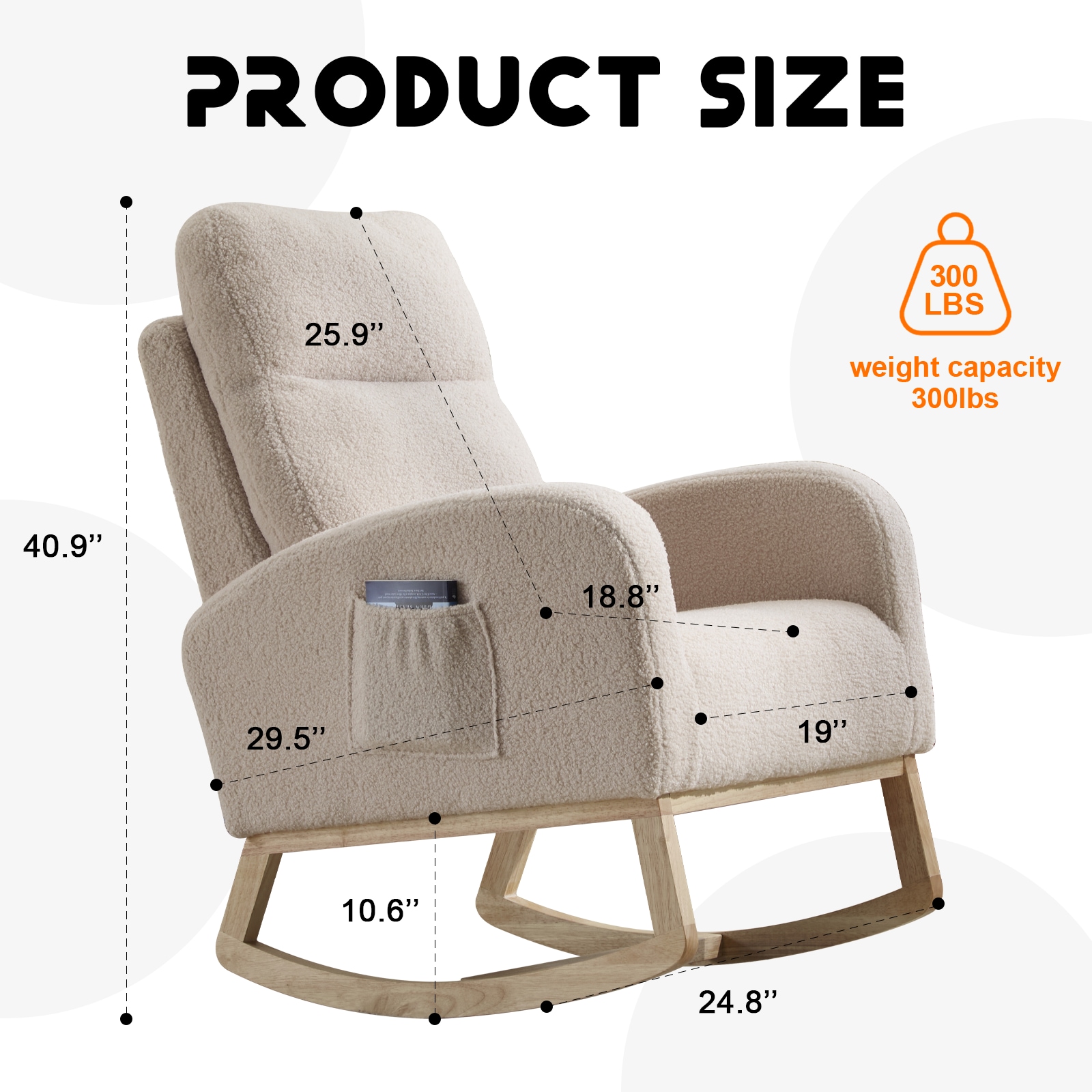 Modern Accent Rocking Chair Rocking Chair With Solid Wood Legs, Upholstered Nursery Glider Rocker, Comfy Armchair With Side Pocket, Living Room Lounge Arm Chair With High Backrest (Beige,teddy)_voghion.com